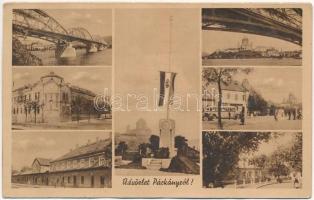 1942 Párkány, Stúrovo; Országzászló, híd, vasútállomás, autóbusz, esztergomi bazilika / Hungarian flag, bridge, railway station, autobus, basilica (r)