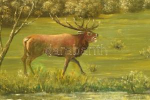 Markella Ignác (?-): Szarvasok. Olaj, farost, hátoldalán autográf felirattal. Dekoratív, sérült fa k...