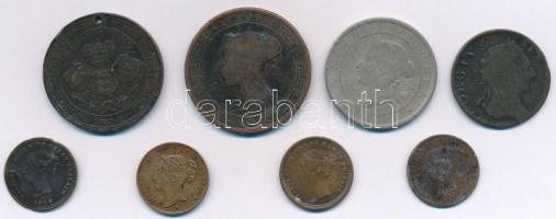Vegyes: 1769-1897. 8db klf brit és gyarmati fémpénz és zseton, közte 1897. Viktória uralkodásának 60. évfordulójára Cu emlékérem (32mm) T:2-,3 Mixed: 1769-1897. 8pcs of diff British and colonial metal coin and tokens, with 1897. To Commemorate the 60th Year of Her Majestys Reign Br commemorative medallion (32mm) C:VF,F