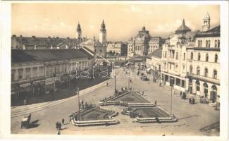 1942 Nagyvárad, Oradea; Bémer tér, Egyesült Bank, Dreher-Haggenmacher Söröző, Havas és Grünfeld, Simon István, Friedmann Hermann, Hollós Pál, Markovits, Nagy Sándor üzlete, villamos, híd, Városháza / square, bank, beer hall, inn, shops, tram, bridge, town hall (fa)