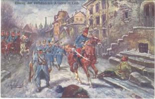 1915 A szövetséges hadtest bevonulása / Einzug der verbündeten Armeen in Lodz / WWI K.u.K. military art postcard s: F. Höllerer + BRÓD-BUDAPEST 161 vasúti mozgóposta