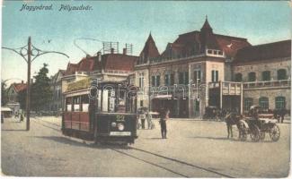 1916 Nagyvárad, Oradea; Pályaudvar, vasútállomás, villamos / railway station, tram (fl)