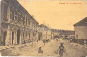 1913 Zilah, Zalau; Tuhutum utca, üzlet, piaci árusok. W. L. (?) 2317. Seres Samu kiadása / street view, shops, market vendors (EB)