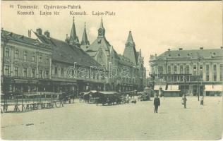 1913 Temesvár, Timisoara; Gyárváros, Kossuth Lajos tér, Szobovich József, Jeszenszky Nándor, Weisz Sándor üzlete, piaci árusok. Photobromüra / square, street view, shops, market vendors