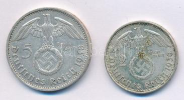 Német Harmadik Birodalom 1938F 5M Ag "Hindenburg" +  1939B 2M Ag "Hindenburg" T:...
