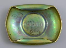 Zsolnay eozin mázas tál, csavart peremmel, florális ornamentikával díszített, jelzett, kopásnyomokka...