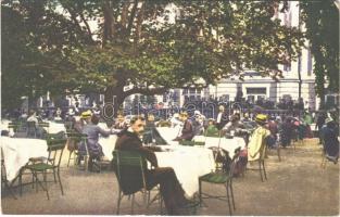 Linz, Militärkonzert im Volksgarten / K.u.K. military music band concert, restaurant, waiters, garden (Rb)