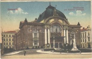 1917 Chernivtsi, Czernowitz, Cernauti, Csernyivci; Stadttheater mit Schiller Denkmal / theatre, monument, statue. Verlag Moritz Gottlieb (EK)