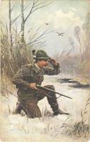 Hunter art postcard, hunter with rifle (EM)