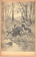 Hunter art postcard, hunting dog with stag
