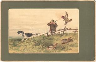 Hunter art postcard, hunter with rifle and hunting dog. litho (EM)