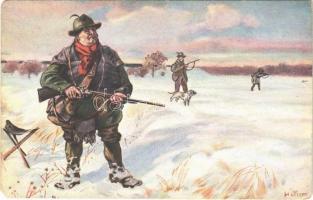 Hunter art postcard, hunters with rifle and hunting dogs s: Preen (EM)