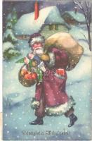 1938 Üdvözlet a Mikulástól! / Christmas greeting art postcard, Saint Nicholas with toys. HWB Ser. 4464.