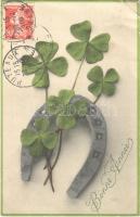 1909 Bonne Année / New Year greeting art postcard with clovers and horseshoe (EB)