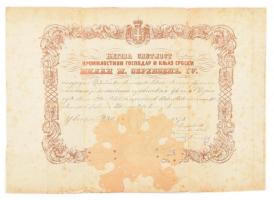 1878 Szerbia Péter fejedelem minisztériumi kinevezés, megviselt szárazpecséttel / Serbian award for ministerium. 45x33 cm