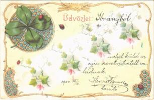 1900 Üdvözlet! Szecessziós litho / Art Nouveau, floral greeting  (EK)