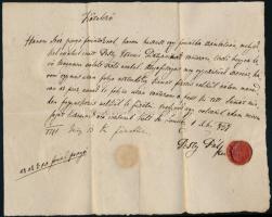 1837 Nemes Pesty Pál uzdi (Sárszentlőrinc) földbirtokos, Batthyány Lajos miniszterelnök keresztapja saját kézzel írt és aláírt adósságlevele családi tartozásról, viaszpecséttel