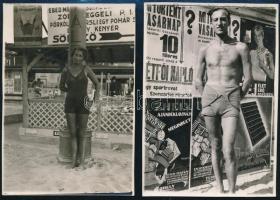 1932 A siófoki strandon, reklámokkal, 2 db fotó, hátoldalon feliratozva, 8×5,5 cm