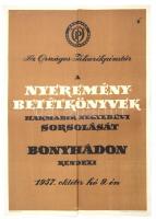 Fery Antal (1908-1994): Az OTP a nyeremények betétkönyve harmadik negyedévi sorsolását Bonyhádon rendezi 957. okt. 9., plakát, ofszet, papír, hajtásnyommal, lapszéli kisebb szakadásokkal, 69×49 cm