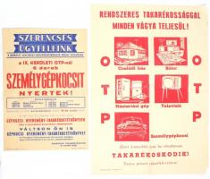 cca 1962, össz. 2 db OTP plakát: Szerencsés ügyfeleink a IX. ker. OTP-nél személygépkocsit nyertek (Skoda, Trabant, Moszkvics stb), ofszet, papír, hajtásnyommal, lapszéli apró szakadásokkal, 42×29 cm + Rendszeres takarékossággal minden vágya teljesül, ofszet, papír, hajtásnyommal, lapszéli apró szakadásokkal,jobb sarkaiban sérült és hiányos, 59x41 cm