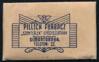 Pillich Ferencz Szentlélek gyógyszertára, Simontornya, illusztrált tasak, jó állapotban, 2,5x4 cm