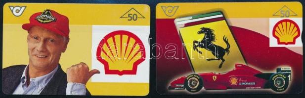 2 db osztrák Shell telefonkártya, egyik Niki Lauda arcképével, másik Ferrari Forma-1 versenyautót ábrázol