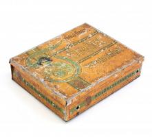 Antik Török pipadohány fém doboz, illusztrált, kopott, kisebb deformációkkal, 3x13,5x11,5 cm