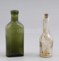 2 db régi üveg: Müller Rt. Korona kékítő, zöld, m. 14 cm kopott + Erényi Diana sósborszesz, átlátszó, sérült parafa dugóval, kopott, 13 cm