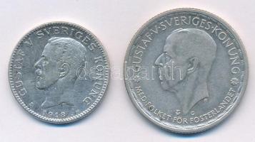 Svédország 1918W 1K Ag "V. Gusztáv" R! + 1942G 2K Ag "V. Gusztáv" T:2 Sweden 1918W 1 Kronor Ag "Gustav V" R! + 1942G 2 Kronor Ag "Gustav V" C:XF