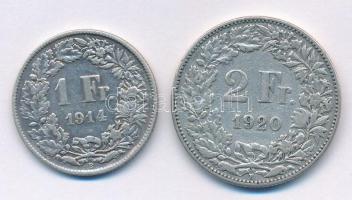 Svájc 1914B 1Fr Ag + 1920B 2Fr Ag T:2,2- Switzerland 1914B 1 Franc Ag + 1920B 2 Franc Ag C:XF,VF