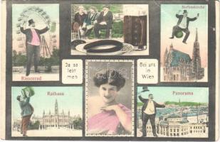 1918 Wien, Vienna, Bécs; Ja so lebt man bei uns in Wien. Riesenrad, Stefanskirche, Rathaus, Panorama / drunk man montage with sausage, beer, lady + K.u.K. Reservespital (wet corners)