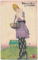 1919 Boldog Húsvéti Ünnepeket! / Easter greeting art postcard, lady with bunny. B.K.W.I. 4691-3. s: Mela Koehler (EK)