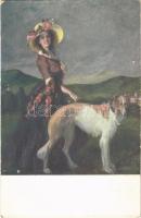 1919 Alkonyati séta. Magyar Művészet Rotophot Nr. 775. / Spaziergang. Ungarische Kunst / Lady art postcard, lady with dog s: Nagy V. (EB)