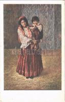 Cigányasszony gyermekkel. "Derengés" magyar művészlapjai / Zigeunerin mit Kind / Hungarian art postcard, Gypsy lady with child s: Schiff-Jós Benő (EK)