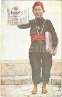 1917 Bosnische Post / Bosnian folklore art postcard, newspaper vendor s: Berger + "Kommandierender General in Bosnien, Hercegovina und Dalmatien" (EK)