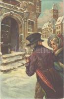 Romantic couple in winter, lady art postcard. Wenau-Pastell No. 1112.