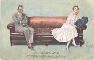 Béketárgyalások / Friedensverhandlungen / Romantic couple, lady art postcard. artist signed