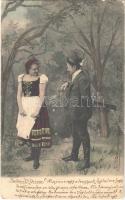 1903 Hunter with rifle and lady, romantic couple in the forest s: E. Ernst (fa)