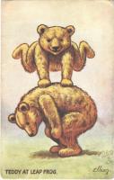 1910 Teddy at leap frog. Raphael Tuck & Sons Oilette Teddy Bears at Play Postcard 9794. s: Ellam (Rb)