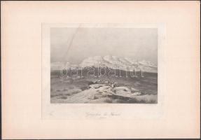 2 db régi acélmetszet, A. Geyer rajza után metszette Albert Henry Payne (1812-1902): Hegyvonulat Kena, Egyiptom közelében, 12x16,5 cm és Török temető, 16x12 cm. Mindkettő foltos. Mindkettő paszpartuban.