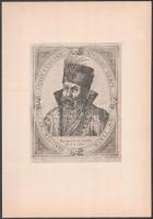 Nicolaus Grave von Serin. Obrister zu Sigeht in Ungern. Zrínyi Miklós (1508-1566) balra néző mellképe. Matthias Zündt 1566-ban megjelent ábrázolása nyomán Hans Sibmacher készítette, 1602-ben látott napvilágot Ortelius Chronologia.. . című munkájában. Rézmetszet, papír, kasírozva. Paszpartuban. 16x12,5 cm /  Engraved image of count Miklos Zrinyi. In passepartout. 16x12,5 cm