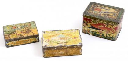 Kiryazi és Dimitrino régi festett fém cigarettás, dohányos doboz + Tovarisesztvo teás doboz. Kopottak. / Vintage tobacco metal boxes + tea box.