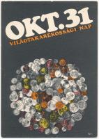 7 db MODERN magyar propaganda motívum képeslap: Világtakarékossági Nap / 7 modern Hungarian propagan...