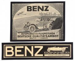 cca 1914 Benz & C., Mannheim német nyelvű autóreklámok, az egyiken háborús grafikával, kartonra kasírozva, 15x20 cm és 6x26 cm