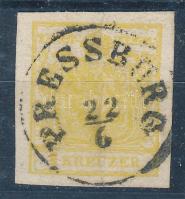 1850 1kr MP III citromsárga "PRESSBURG" (hajtás), 1850 1kr MP III yellow (folded)