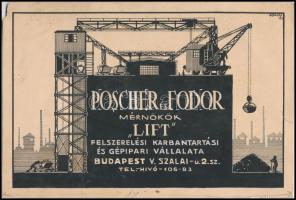Poscher és Fodor mérnökök Lift Vállalata reklámgrafika, tus, papír, jelzett, szélén kisebb szakadással, egyik sarka kissé hiányos, 15×22 cm
