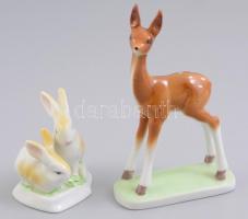 Hollóházi porcelán nyulak és őz (Bambi), kézzel festett, jelzett, hibátlan, 7x7 cm, m: 14 cm