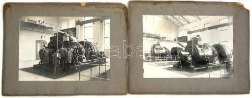 cca 1920 Schlik-Nicholson Gép-, Waggon és Hajógyár Rt. által gyártott gőzturbinák kapcsolótáblákkal, 2 db vintage fotó kartonon, kissé kopott, karton szélein sérült, 16x23 cm