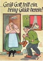 Grüß Gott, tritt ein, bring Glück herein! / marriage humour art postcard (EK)