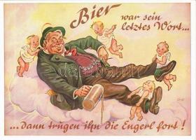 Bier war sein letztes Wort... Münchener Bildkunstverlag August Lengauer Nr. 3087. / German drunk humour art postcard